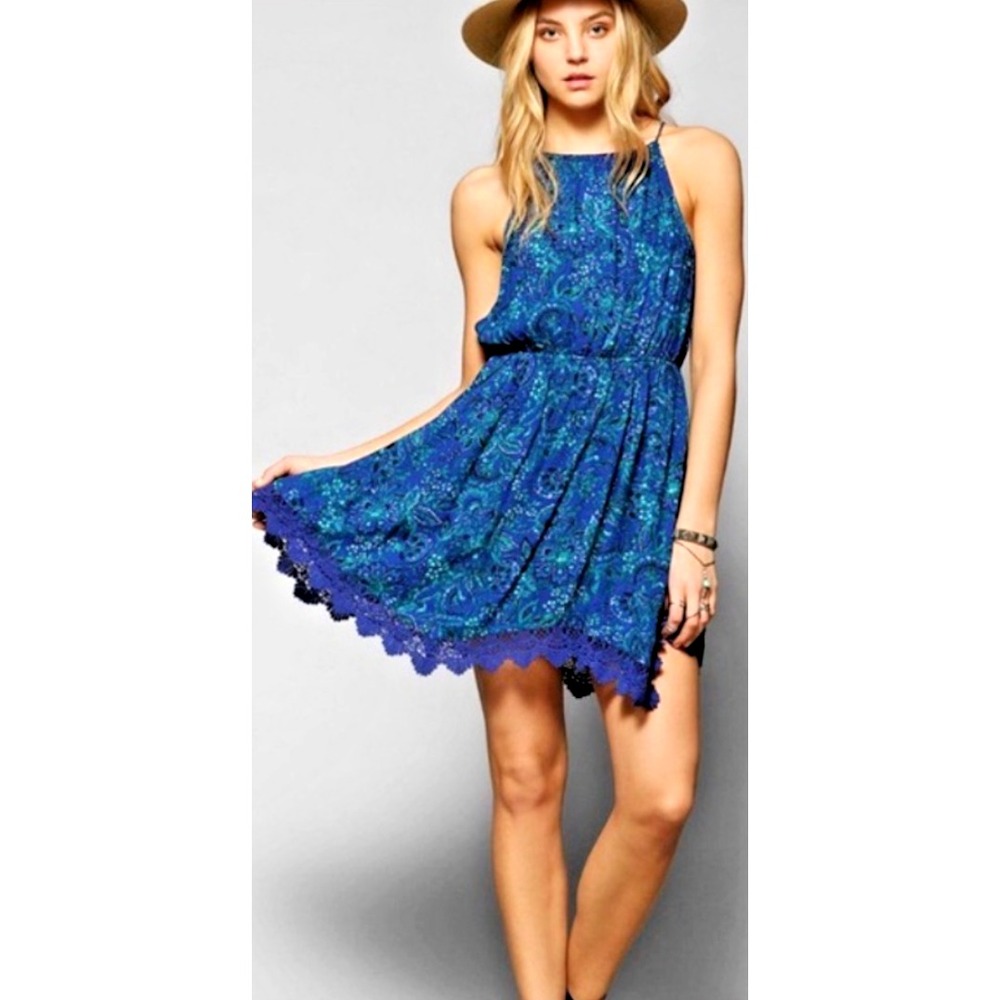 Ecote Urban Outfitters Blue Floral Halter Women's Flowy Sexy Dress Sz S Org $89